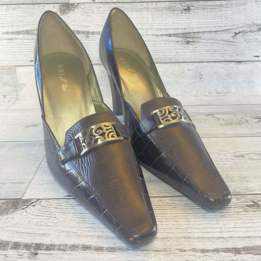 Unisa Heels Womens 10 B Brown Leather Crocodile Print Abbey Pumps Classy Blocky